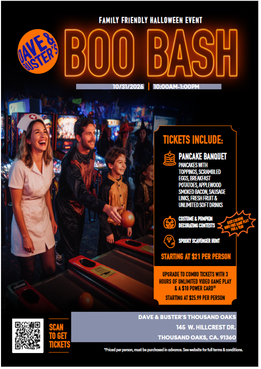 Dave & Buster's Boo Bash flier for the Thousand Oaks restaurant: October 31, 2026, 10 a.m. to 1 p.m., tickets starting at $21 per person