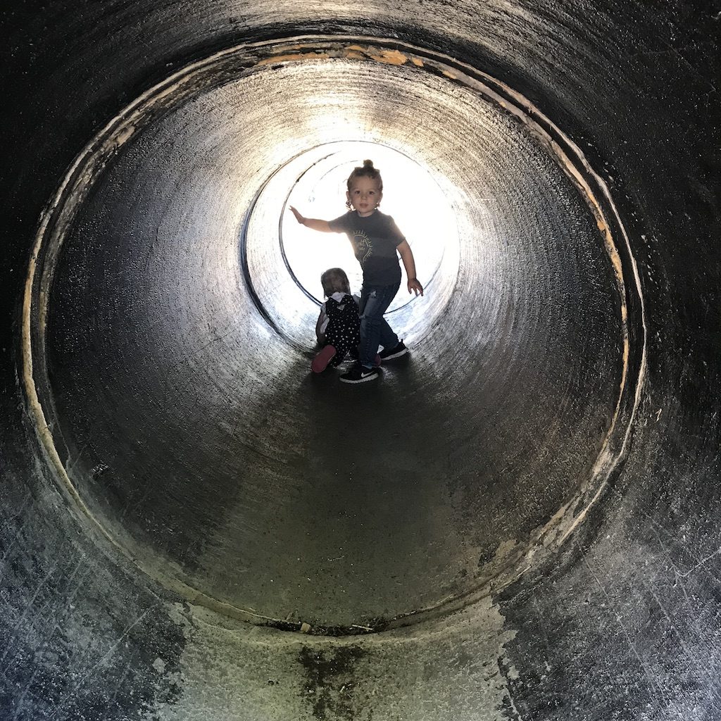Two small children in the tunnel at Underwood Family Farms, 2018